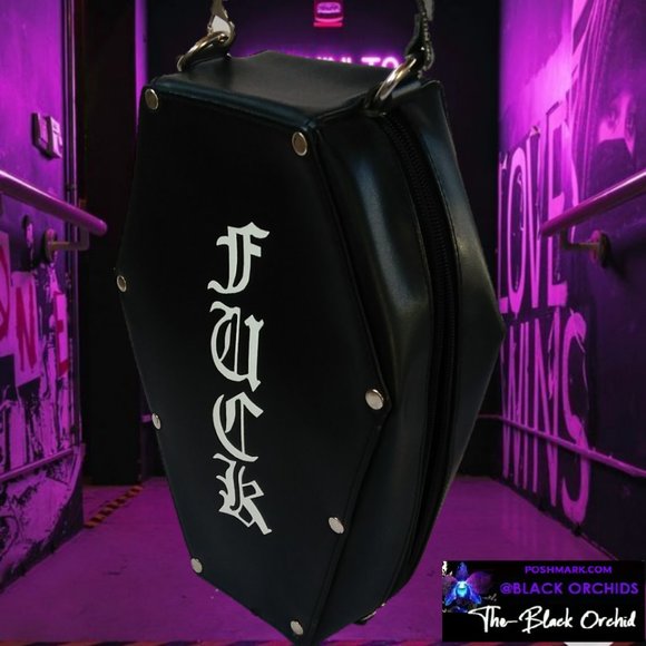 F BOMB BLACK COFFIN BAG / PURSE w Print & studs - Picture 1 of 16